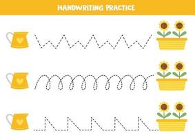 linee di tracciamento per bambini. simpatici annaffiatoi e girasoli. Pratica di scrittura. vettore