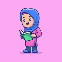 illustrazione dell'icona di vettore del fumetto del libro di lettura musulmano della ragazza sveglia. persone religione icona concetto isolato premium vettore. stile cartone animato piatto