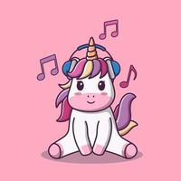 simpatico cartone animato unicorno con cuffie, illustrazione di cartoni animati vettoriali, clipart cartoni animati vettore