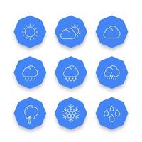 Icone delle linee meteorologiche, giornata soleggiata e nuvolosa, pioggia, grandine, neve, nuvole, vento, sole, icone ottagonali blu, illustrazione vettoriale