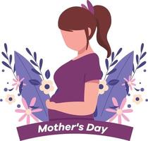primo piano di felice donna incinta con grande pancia vicino ai fiori. festa della mamma. illustrazione vettoriale piatta isolata su sfondo bianco.