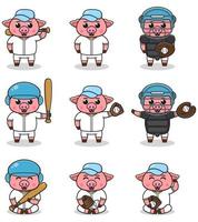 illustrazione vettoriale di maiale carino con costume da baseball. set di simpatici personaggi di maiale.