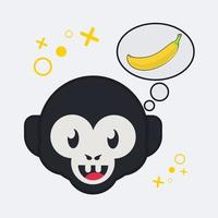 testa di scimmia simpatico cartone animato che pensa a un'illustrazione vettoriale di banana