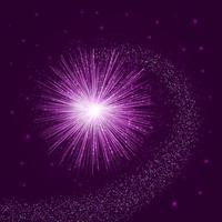 esplosione di stelle su sfondo viola. vettore di cometa scintillante che spara una scia a spirale