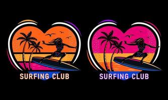 tramonto spiaggia donna sulla tavola da surf silhouette stampa camicia vettore