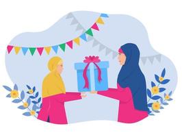 donna musulmana che dà regalo alla bambina, illustrazione vettoriale piatta di tradizione religiosa. illustratore di vettore di concetto di celebrazione, compleanno, ramadan, islam