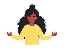 donna nera che medita. salute mentale. stile di vita sano, yoga, relax, esercizio di respirazione