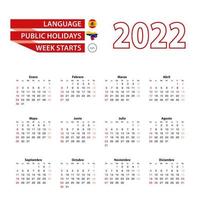 calendario 2022 in lingua spagnola con giorni festivi il paese del venezuela nell'anno 2022. vettore