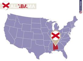 stato dell'alabama sulla mappa degli stati uniti. bandiera e mappa dell'alabama. vettore