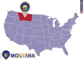 stato del montana sulla mappa degli stati uniti. bandiera e mappa del Montana. vettore