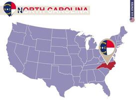 stato della Carolina del Nord sulla mappa degli Stati Uniti. bandiera e mappa della carolina del nord.