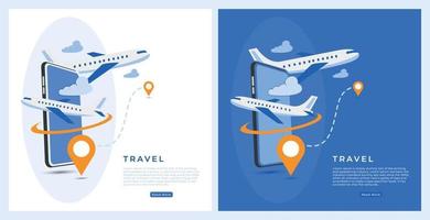 modello di illustrazione piana di navigazione dell'aeroplano dello smartphone del modello di progettazione del post dei social media del tour di viaggio vettore