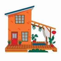 piccola casa moderna con terrazza in legno e zona yoga. vettore edificio elegante, casa in affitto o vendita