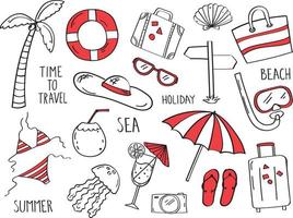 collezione estiva. insieme di vettore dei simboli di viaggio estivi colorati divertenti doodle disegnati a mano.
