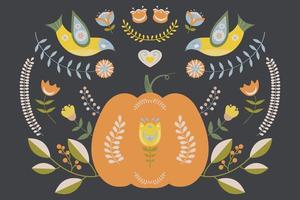 illustrazione popolare autunnale con zucca, uccelli e motivi floreali. vettore