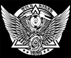 logo del motore della motocicletta con le ali per il club motociclistico vettore