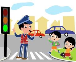 illustrazione vettoriale di scolari che attraversano la strada con l'aiuto della polizia