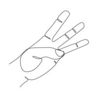 disegno a linea continua della lettera w gesto della mano in lingua sordomuta. lettere dell'alfabeto di gesti della mano sordomuti americani, simboli vettoriali asl