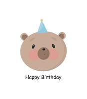 festa di compleanno, biglietto di auguri, invito a una festa. illustrazione per bambini con simpatico orso in stile cartone animato. vettore