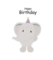 festa di compleanno, biglietto di auguri, invito a una festa. illustrazione per bambini con elefante carino in stile cartone animato. vettore
