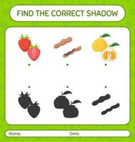 trova il gioco delle ombre corretto con i frutti. foglio di lavoro per bambini in età prescolare, foglio attività per bambini vettore