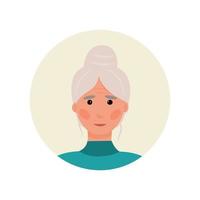 l'avatar è un anziano pensionato dai capelli grigi. donna adulta con una crocchia di capelli e rughe. bel personaggio per la pubblicità sui social. profilo chatbot, forum, supporto. illustrazione vettoriale