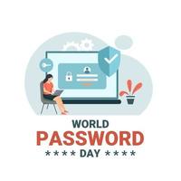 illustrazione vettoriale, una ragazza che accede a un dispositivo utilizzando una password di sicurezza, come banner o poster per la giornata mondiale della password. vettore