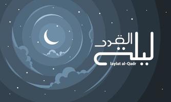 atmosfera notturna con luna crescente, nuvole, stelle piatte, traduzione del testo arabo laylat al-qadr che significa notte di determinazione o potere. illustrazione vettoriale