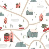carina città invernale nella neve, modello senza cuciture della città scandinava - illustrazione vettoriale piatta. sfondo di natale con case, montagne, strade e alberi.