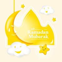 illustrazione ramadan mubarak con simpatico cartone animato luna e stelle vettore