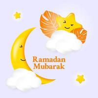 illustrazione ramadan mubarak con simpatico cartone animato luna e stelle vettore