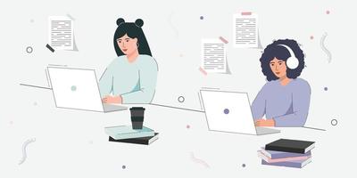 gli studenti sono ragazze carine che studiano online. i personaggi si siedono a una scrivania, guardano i loro laptop e studiano con libri e quaderni. concetto di educazione online. illustrazione vettoriale piatta.