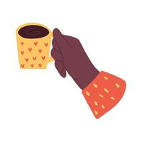 mani con tazze per bevande. le mani tengono diverse tazze con bevanda calda, caffè, cacao e tè. illustrazione disegnata a mano di vettore piatto.
