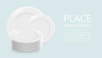 vettore 3d piatti bianchi realistici in pile, per cibo. l'icona dei piatti è isolata con il testo. vista frontale. modello di progettazione di stoviglie pulite.