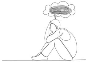 disegno a linea continua di un giovane che si sente triste, stanco e preoccupato che soffre di depressione nell'illustrazione vettoriale di salute mentale