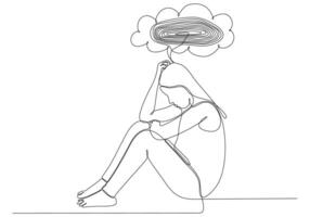 disegno a linea continua di una giovane donna che si sente triste, stanca e preoccupata che soffre di depressione nell'illustrazione vettoriale di salute mentale