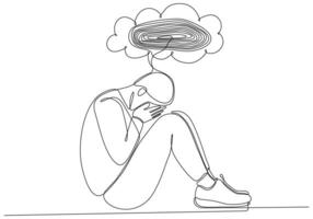 disegno a linea continua di un giovane che si sente triste, stanco e preoccupato che soffre di depressione nell'illustrazione vettoriale di salute mentale