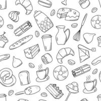 elementi vettoriali senza cuciture di snack dolci e pasticcini, piatti di caffè. ottimo per decorare bar e menu. stile icona doodle