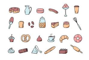 elementi vettoriali di snack dolci e pasticcini, piatti di caffè. ottimo per decorare bar e menu. stile icona doodle