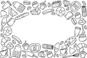 elementi vettoriali di snack dolci e pasticcini, piatti di caffè. ottimo per decorare bar e menu. stile icona doodle