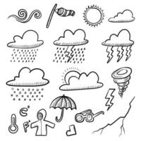 raccolta di icone meteo doodle disegnate a mano isolate su sfondo bianco. vettore