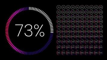 set di metri di percentuale del cerchio da 0 a 100 per infografica, interfaccia utente di progettazione dell'interfaccia utente. diagramma a torta gradiente durante il download dei progressi dal viola al bianco su sfondo nero. vettore diagramma circolare.