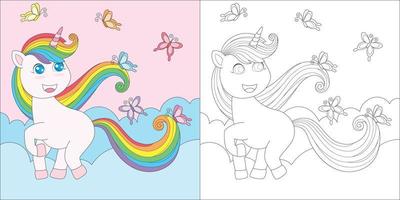 colorare unicorno e farfalle vettore