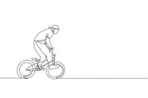 un disegno a linea continua di un giovane ciclista bmx che esegue trucchi pericolosi allo skatepark. illustrazione vettoriale del concetto di sport estremo. design dinamico a linea singola per poster di promozione di eventi