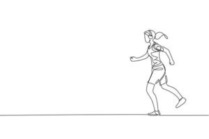 un disegno a tratteggio continuo di una giovane donna sportiva che corre per rilassarsi mentre si ascolta la musica. concetto di sport di attività sanitaria. illustrazione vettoriale dinamica del disegno di una linea singola per l'esecuzione di poster di eventi