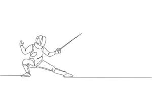 un disegno a linea continua di un giovane atleta di scherma che pratica combattimenti su un'arena sportiva professionale. costume da scherma e concetto di spada in mano. illustrazione vettoriale dinamica del disegno a linea singola