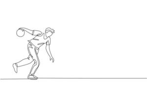 un disegno a linea singola di un giovane talentuoso giocatore di bowling che lancia la palla per colpire l'illustrazione grafica di vettore dei birilli. stile di vita delle persone sane e concetto di sport. moderno disegno a linea continua