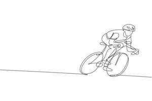 un disegno a linea singola giovane uomo energico ciclista messa a fuoco allenando la sua illustrazione grafica vettoriale di velocità. concetto di ciclista da corsa. moderno disegno a linea continua per banner di tornei di ciclismo