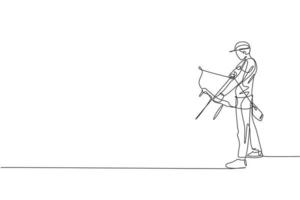 un disegno a linea continua di un giovane arciere che tira l'arco per sparare a un bersaglio di tiro con l'arco. concetto di allenamento e esercizio di tiro con l'arco. grafico dinamico dell'illustrazione di vettore del disegno di linea singola