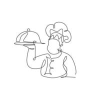 unico disegno a linea continua di chef uomo stilizzato che serve cibo per l'etichetta del logo del ristorante. concetto di mascotte del caffè del cibo. illustrazione grafica vettoriale moderna con disegno a una linea per il servizio di consegna cibo